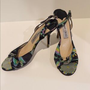 Jimmy Choo Black Multicolor Patterned Open-Toe Slingback Heels